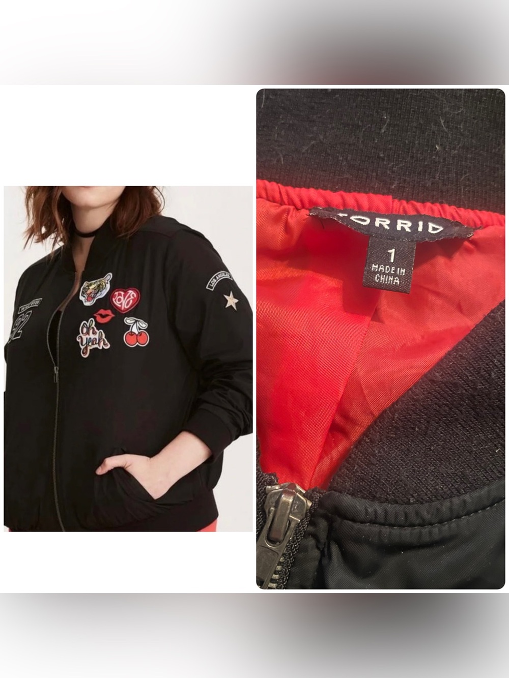 torrid Black Bomber Jacket with Red Lining and Patch Accents